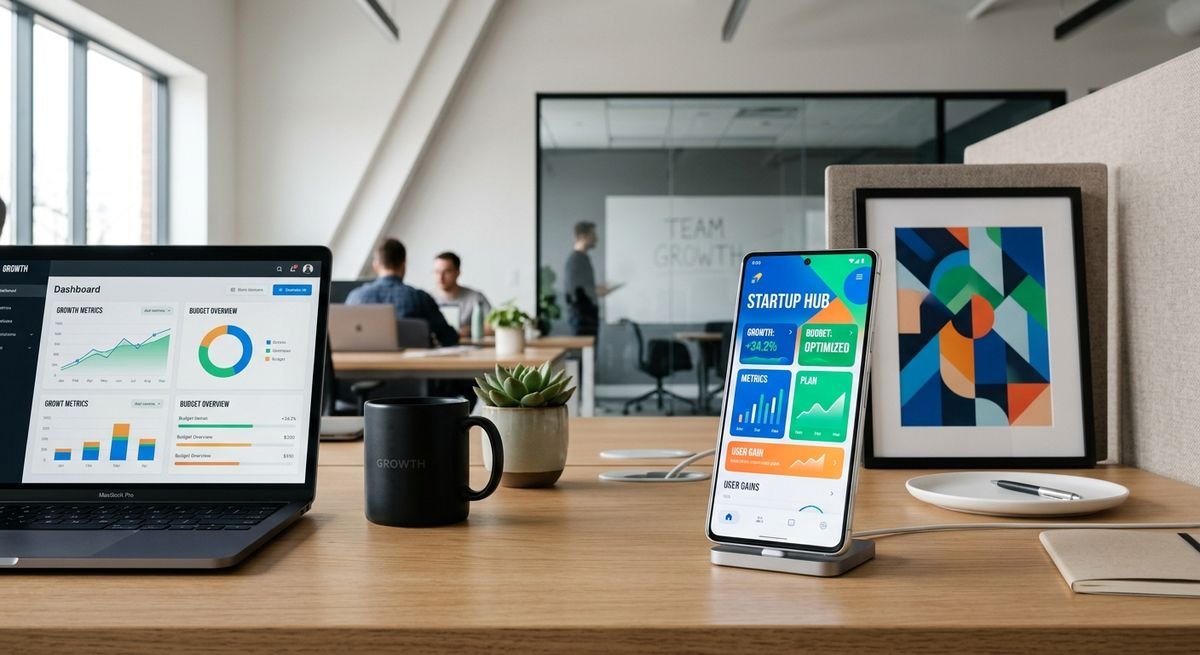 A professional developer analyzing mobile app development metrics for a startup business strategy.