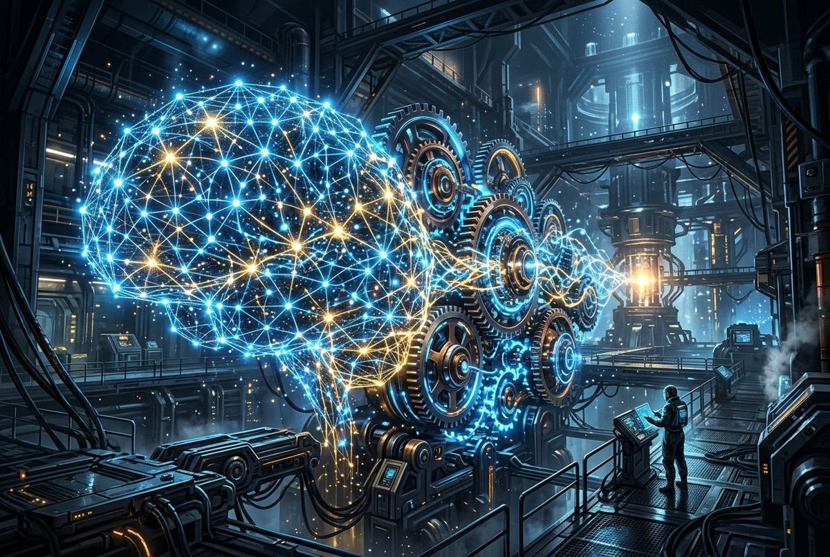 Abstract visualization of neural network systems representing the impact of generative AI innovation on global industries.