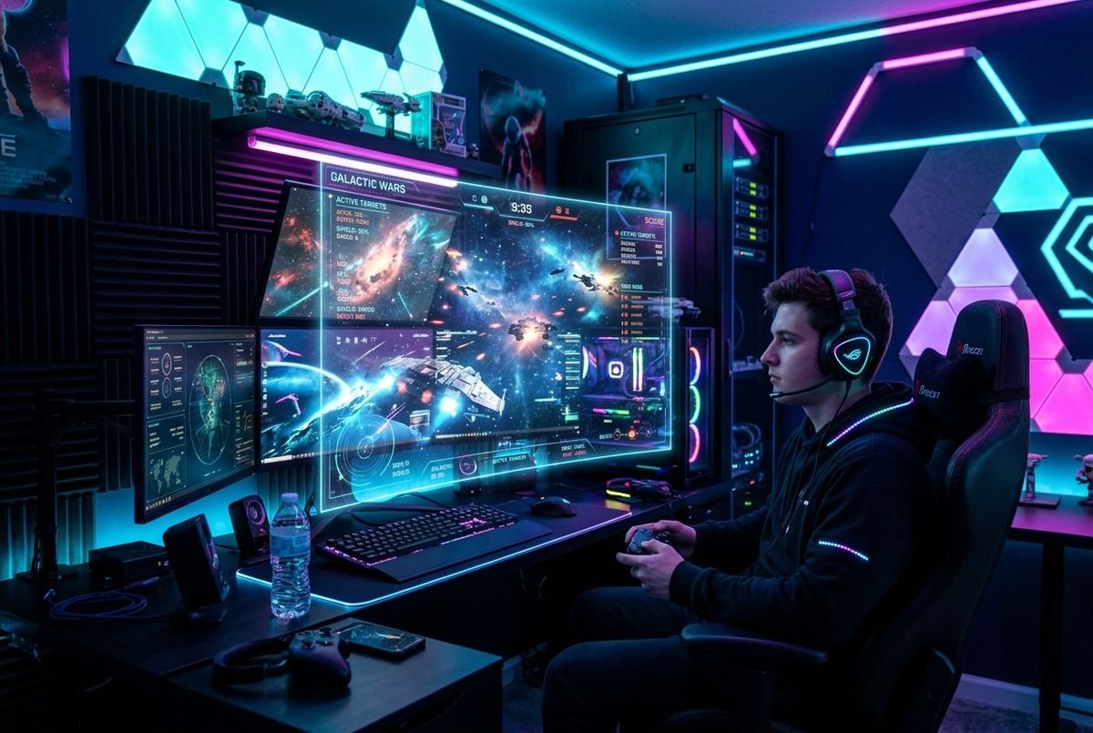 Futuristic room demonstrating advanced immersive gaming technology and high-fidelity graphics interface.