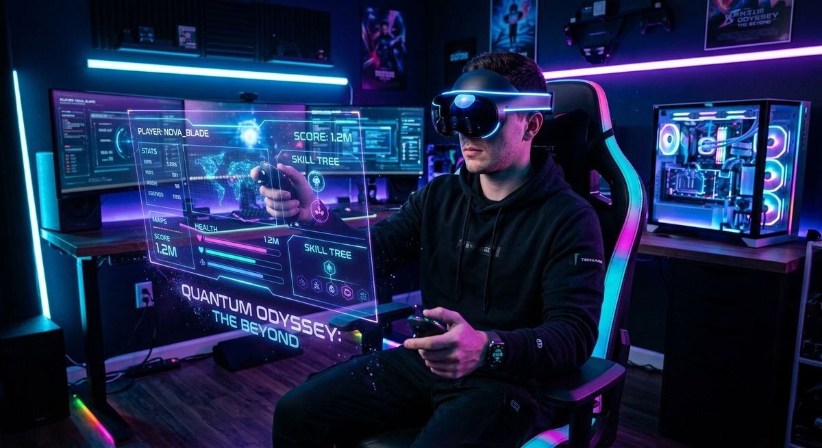 A professional gamer testing advanced immersive gaming technology in a modern studio setting.