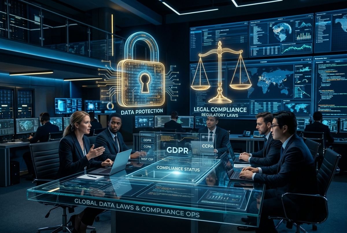 Glowing digital padlock and legal scales representing information protection laws and corporate compliance