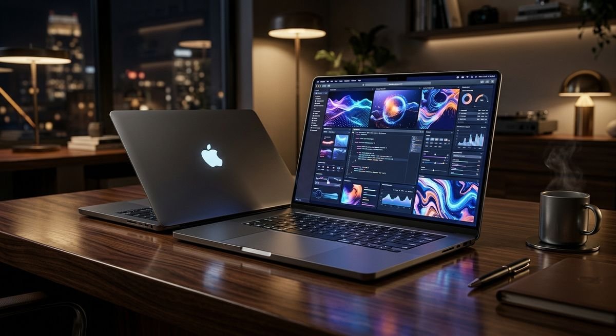 Innovative Apple MacBook Pro displaying vibrant PROLED XDR visual tech on a studio desk