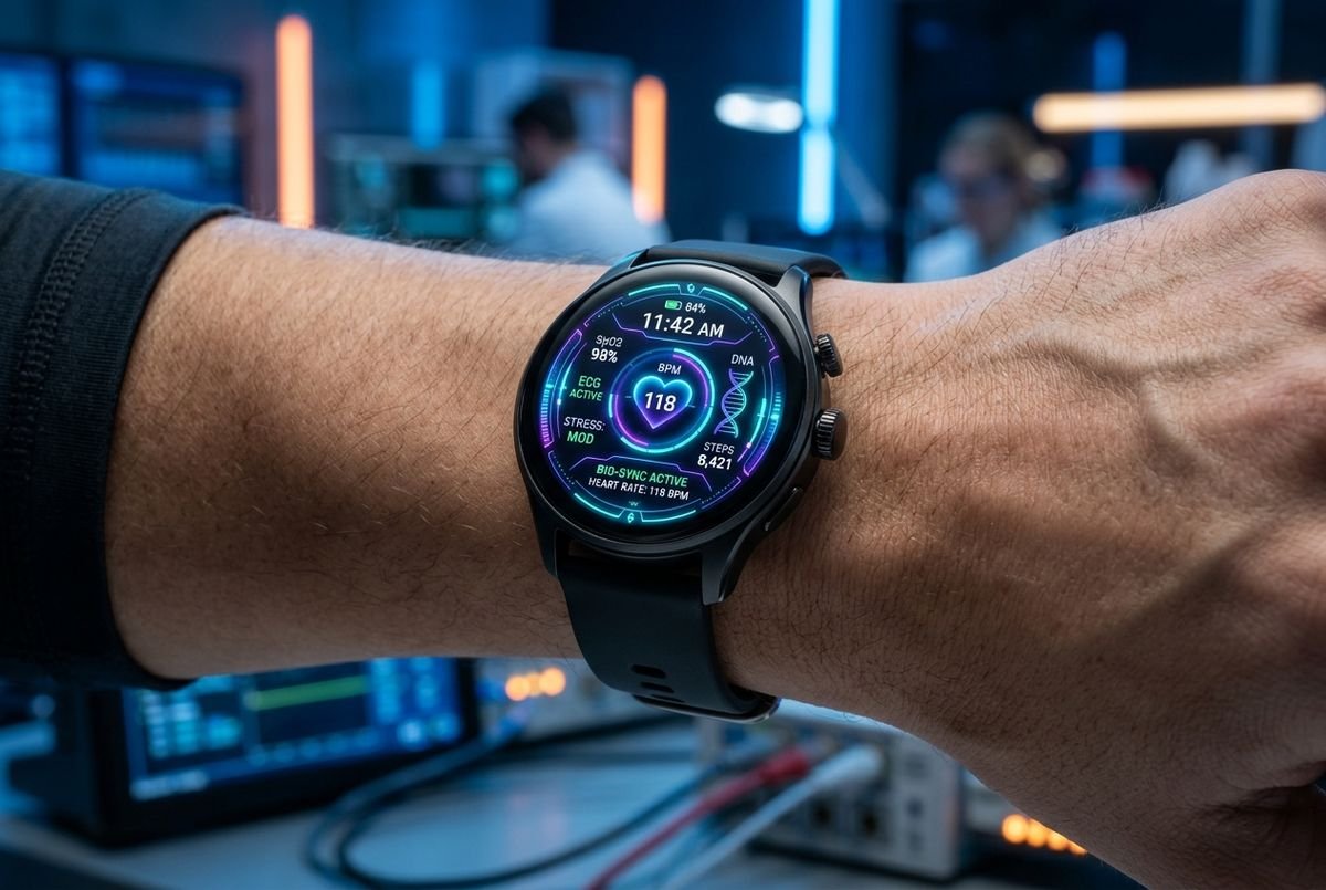Sleek smartwatch displaying modern biometric health metrics on a wrist. Intelligent Wearable Tech.