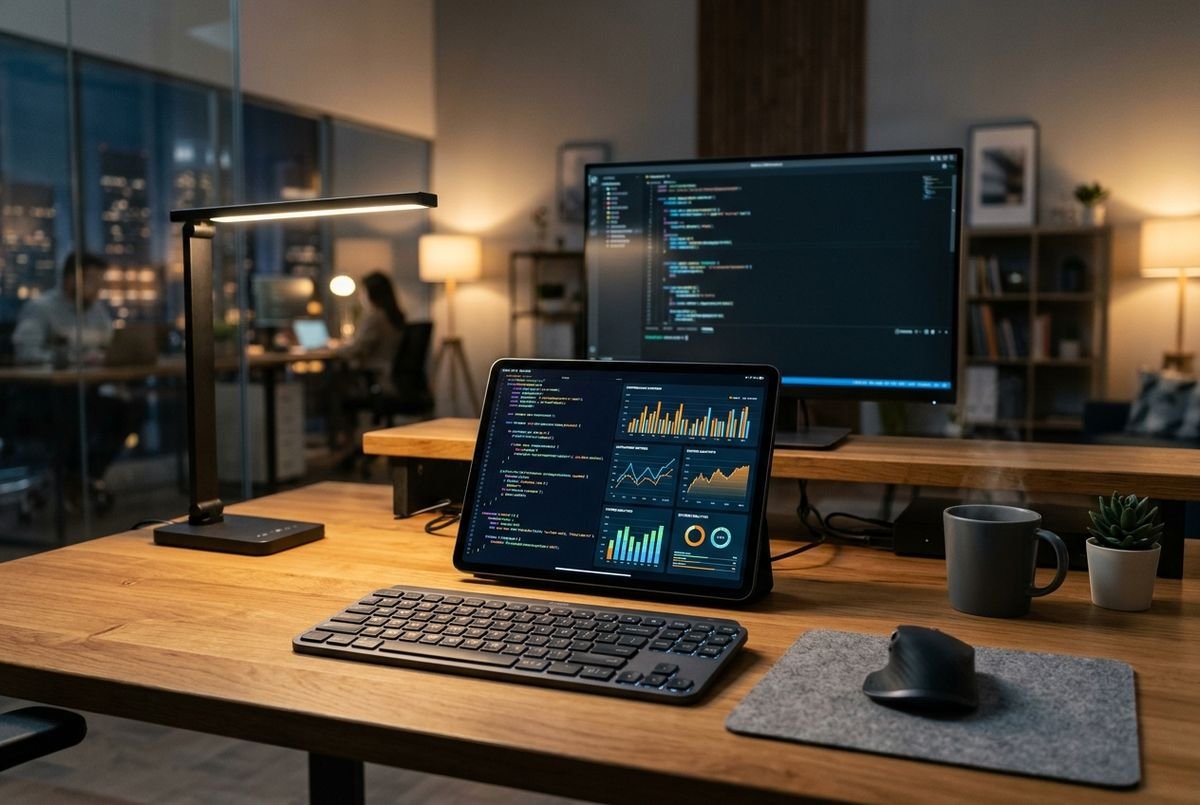 A modern developer workspace featuring analytical insights and software code on a tablet screen.