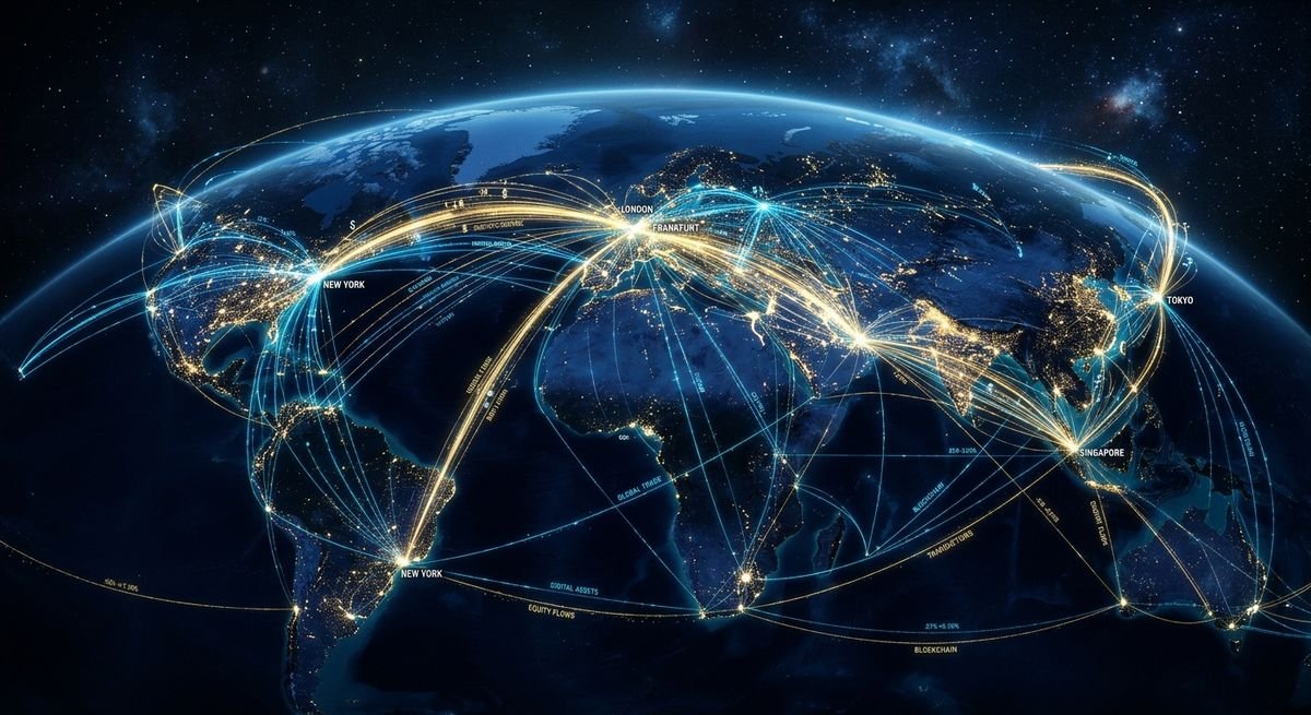 Futuristic digital finance innovation network showing data streams and global connectivity for businesses.