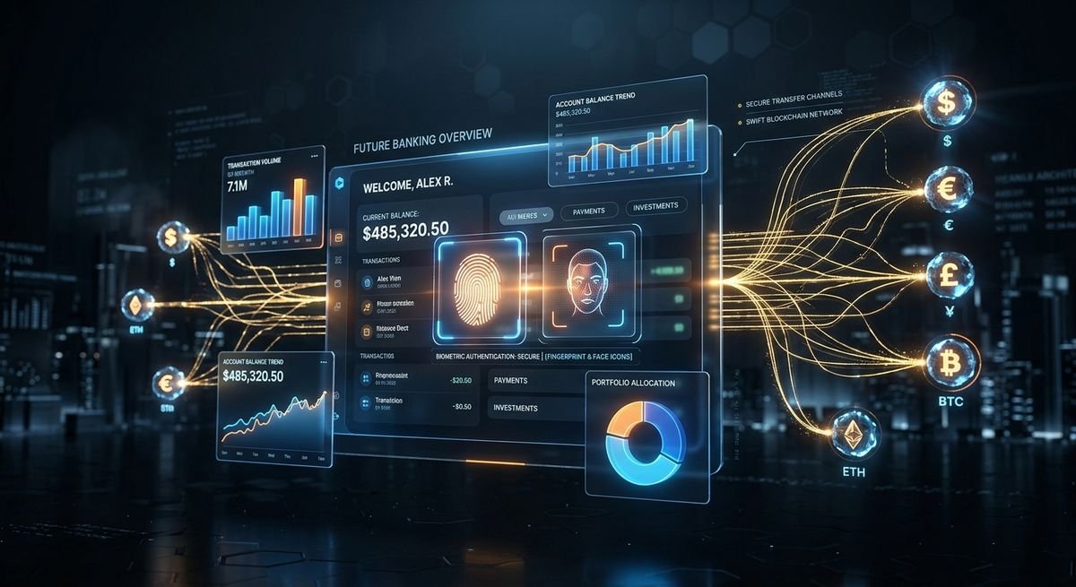Futuristic digital interface representing modern financial technology innovations and banking evolution