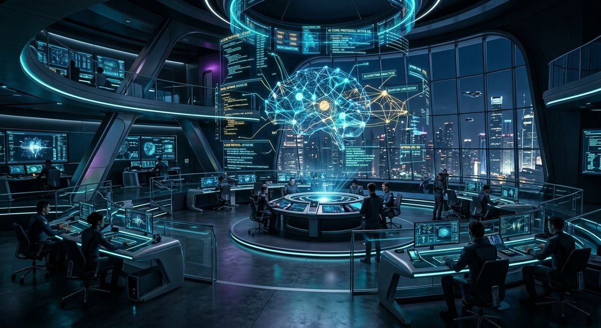 Next-Gen AI Innovations depicted through holographic neural network technology in a modern office environment.