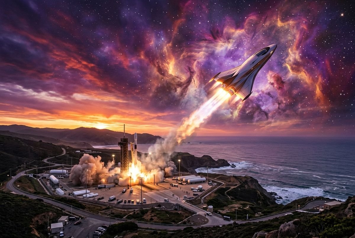 Futuristic private space missions spacecraft launching into the starry sky during a colorful sunset.