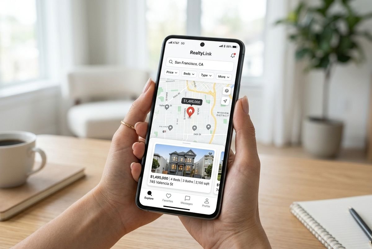Smartphone screen showing Verilease app find spaces interface with secure map pins.