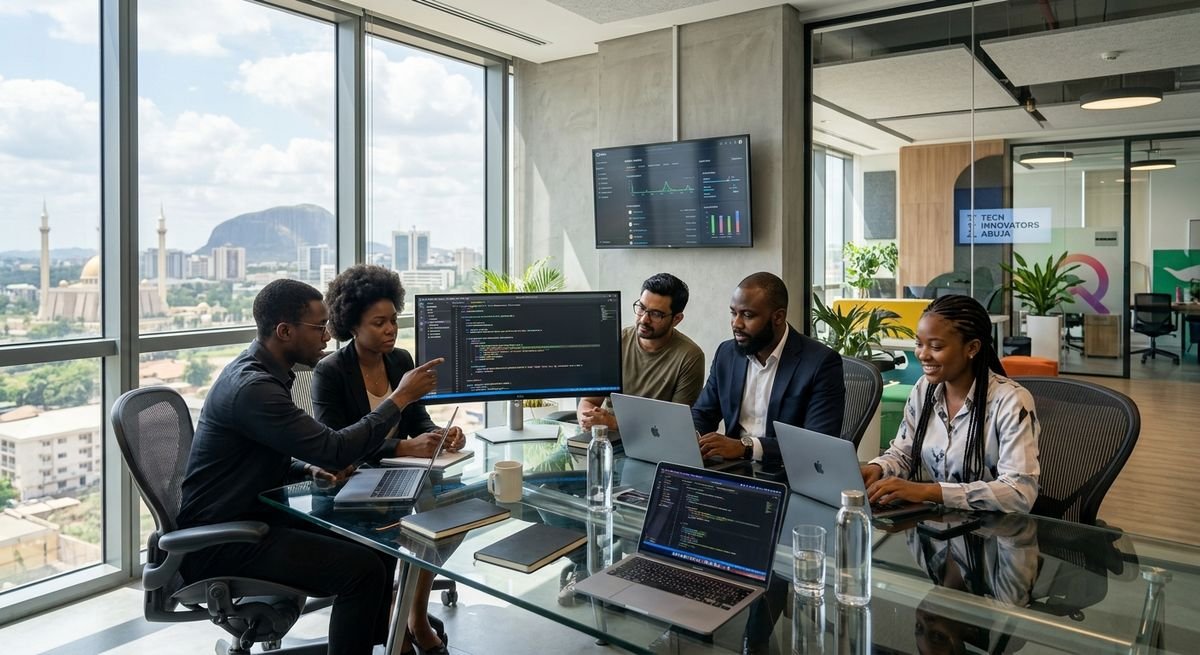 Expert software developers collaborating on a digital project in a modern office in Abuja.