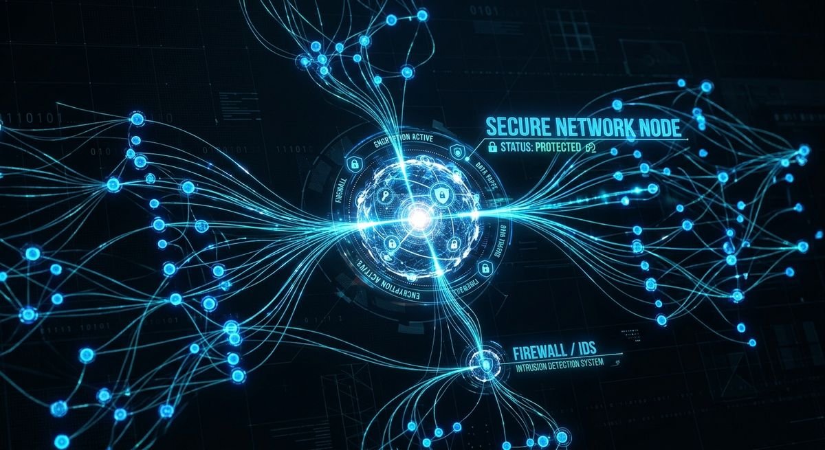 Digital visualization of secure network nodes representing robust security architectures.