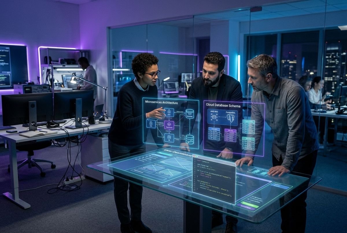 Krustylab software engineering team designing tailored software solutions in a modern digital lab environment.