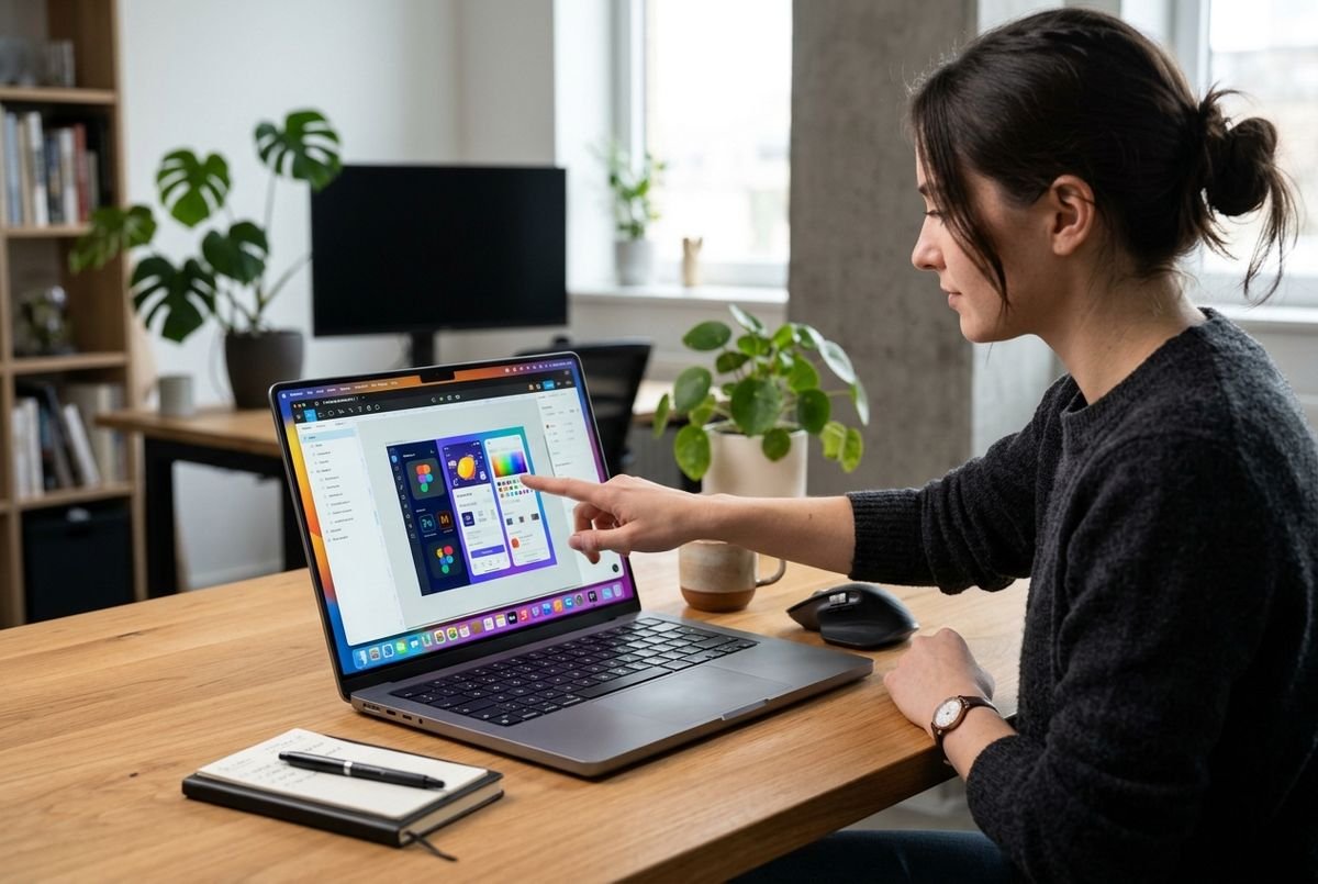 Sleek Touchscreen MacBook Pro on a modern workspace displaying interactive digital design software.