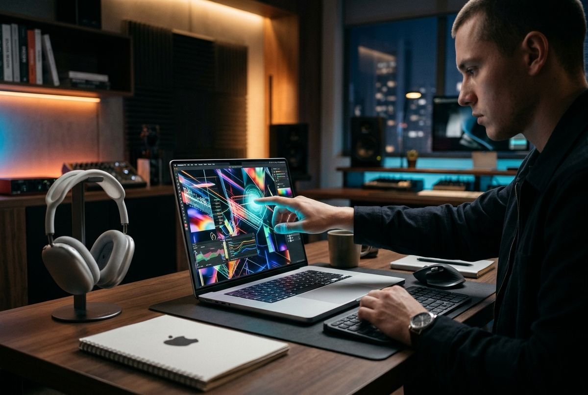 Sleek Apple touchscreen laptop display in a professional creative digital studio workspace.
