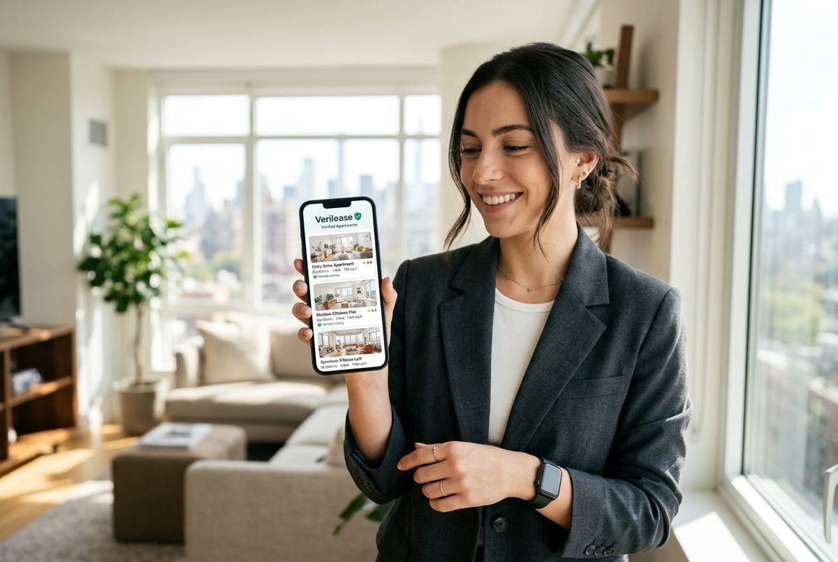 User holding a smartphone running the Verilease space finder app to locate verified apartments