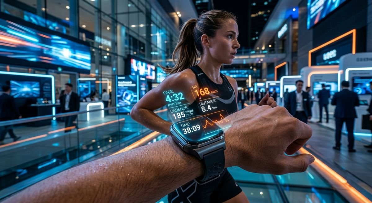 Close up of a person wearing an advanced digital health watch displaying fitness metrics.