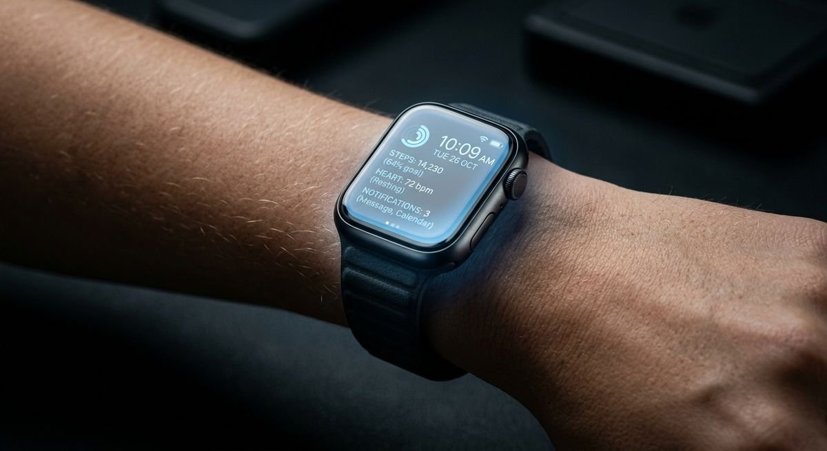 Person wearing a modern smart wearable device for health monitoring and digital connectivity.