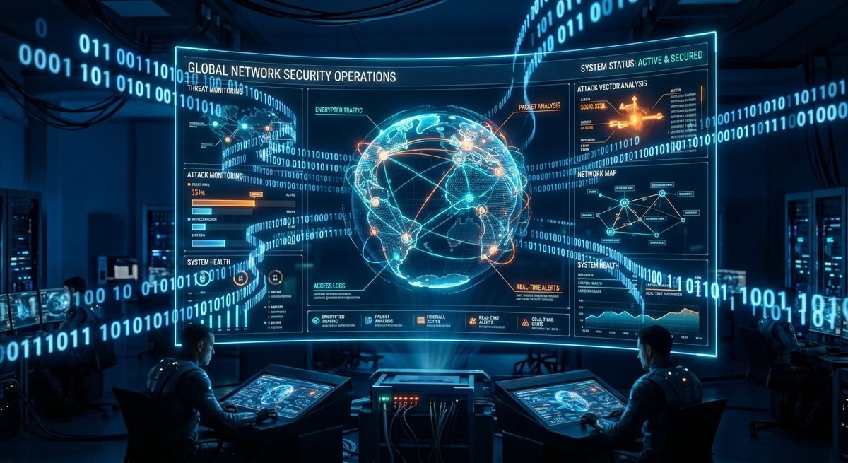 Futuristic digital security dashboard displaying network nodes for Zero trust security implementation.