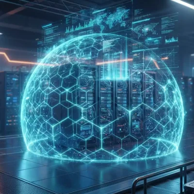 Futuristic glowing digital shield defending a network of illuminated server racks with blue hologram projection grids, symbolizing modern corporate cyber defense.