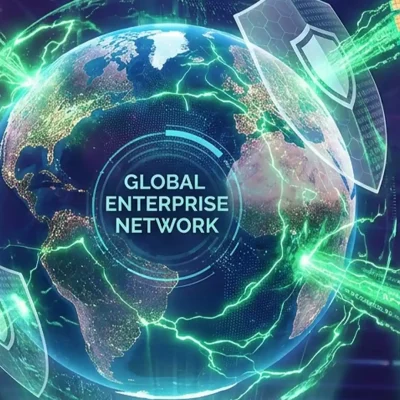 A visually dynamic and futuristic scene representing enterprise cybersecurity.