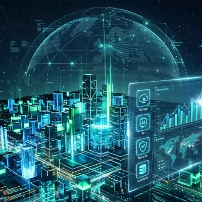 A visually striking, high-definition image depicting a futuristic, abstract digital city formed by interconnected blocks and data streams, symbolizing modern cloud infrastructure
