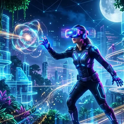 Cutting-edge virtual gaming-A dynamic, futuristic gaming scene. A central figure, wearing a sleek, illuminated VR headset and haptic gloves, stands in a neon-lit, hyper-realistic virtual environment