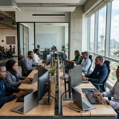 Professional Abuja software experts collaborating on custom application development at the Krustylab technology hub.