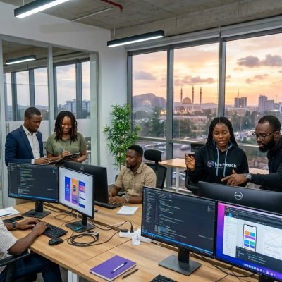 Professional software engineers at Krustylab, an Abuja Tech Solution Firm, developing custom software in a modern office.