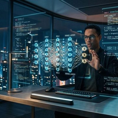 Futuristic digital workspace representing modern AI innovation and technological breakthroughs
