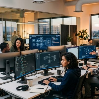 Professional software developers working on bespoke digital solutions at Krustylab office