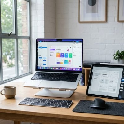 Professional designer working on a modern visual application interface using digital tools.