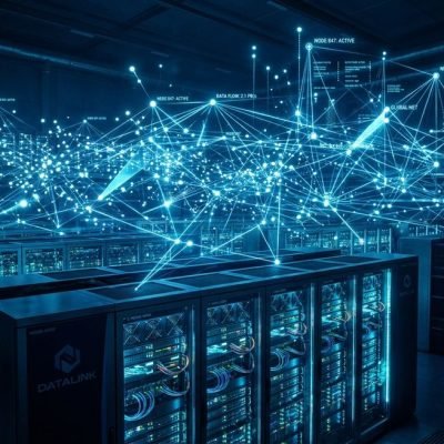Digital representation of cloud-native infrastructure showing interconnected nodes in a modern data center.
