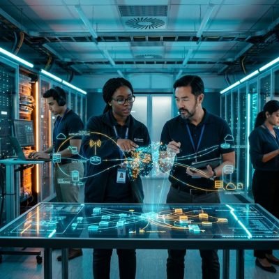 IT engineers managing cloud technology services in a futuristic glowing server room