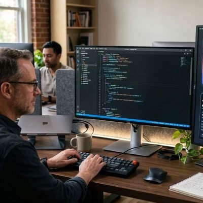 Expert Krustylab Cross-platform app developers working on modern mobile software interfaces in a bright office.
