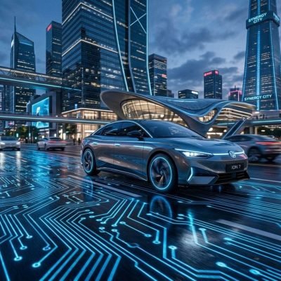 Futuristic electric vehicle navigating a modern smart city landscape with advanced energy technology.