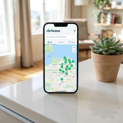 Verilease mobile app interface showing verified property listings on a digital map for secure space finding.