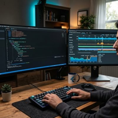 A professional developer using tools for Flutter Performance Tuning on a dual-monitor setup.