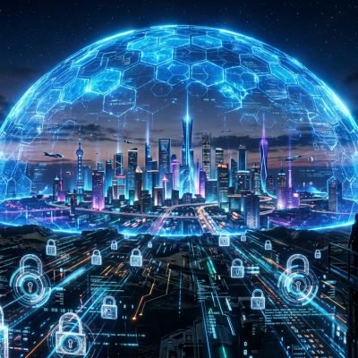 A blue holographic shield representing fortified digital cyber resilience protecting a modern cityscape.