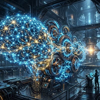 Abstract visualization of neural network systems representing the impact of generative AI innovation on global industries.