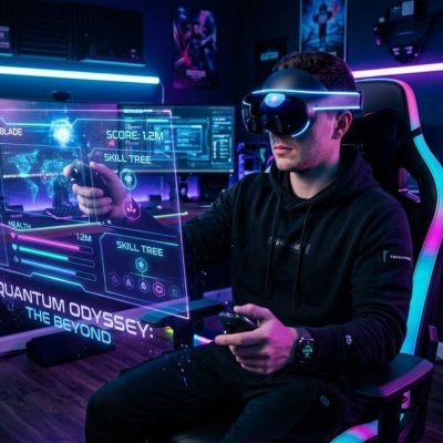 A professional gamer testing advanced immersive gaming technology in a modern studio setting.