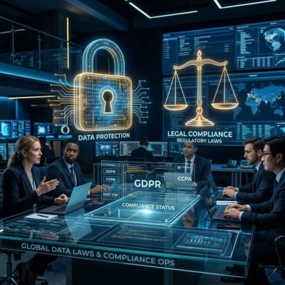 Glowing digital padlock and legal scales representing information protection laws and corporate compliance