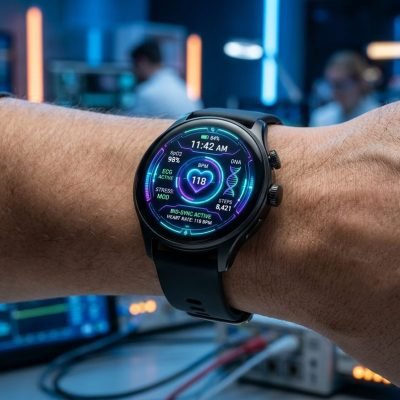 Sleek smartwatch displaying modern biometric health metrics on a wrist. Intelligent Wearable Tech.