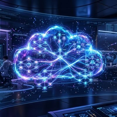 Futuristic visualization of Modern Cloud Engineering infrastructure showing microservices and scalable network nodes.
