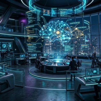 Next-Gen AI Innovations depicted through holographic neural network technology in a modern office environment.