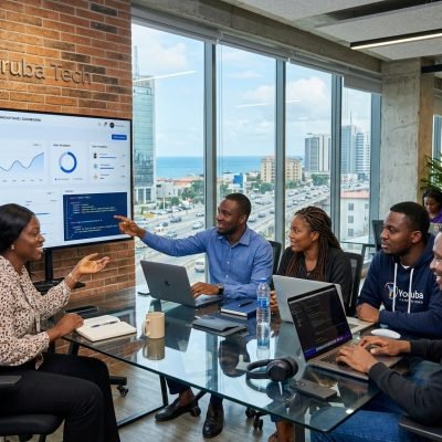 Software developers at Krustylab, a Nigeria MVP launch firm, collaborating on a startup tech prototype in a modern office.