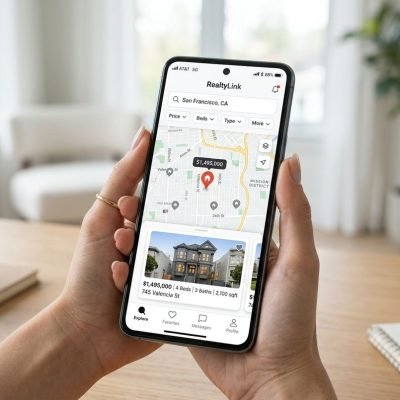 Smartphone screen showing Verilease app find spaces interface with secure map pins.