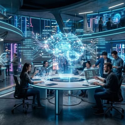 Professional developers working with Smart Tech Implementation through holographic AI neural networks in a futuristic workspace.