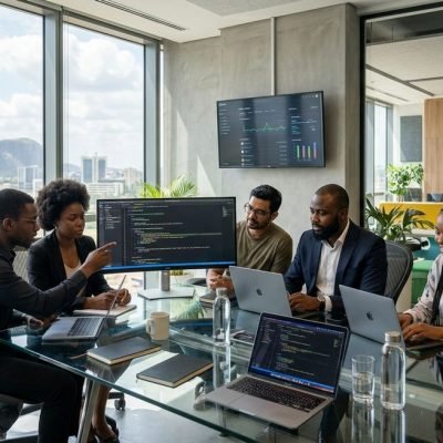 Expert software developers collaborating on a digital project in a modern office in Abuja.