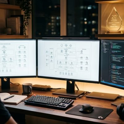 Professional software developers designing tailored software solutions in a modern office environment.