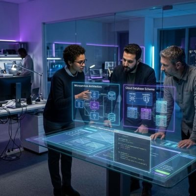 Krustylab software engineering team designing tailored software solutions in a modern digital lab environment.